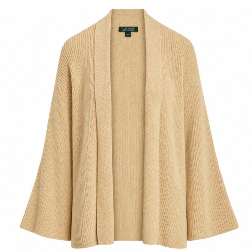 Lauren Ralph Lauren Womens Tan 100% Linen Open Front Shawl Cardigan Sweater L